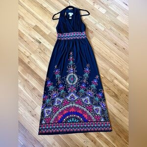 London Style Black Maxi Dress with Red and Blue Accents